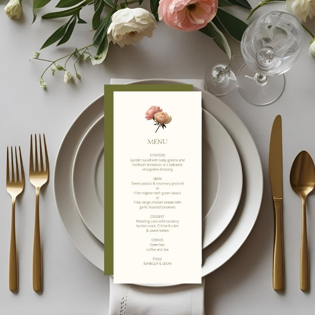 Menu Ivoire et olive | Chic Floral Rose Mariage (Créateur téléchargé)