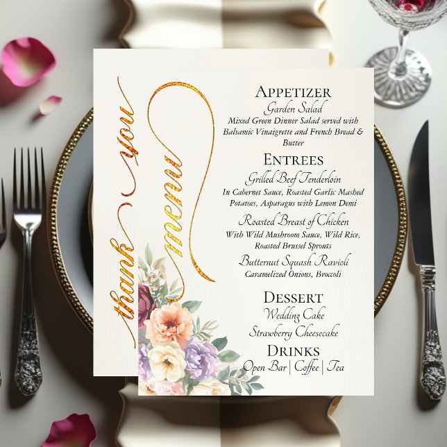 Menu Ivoire - Fleurs sauvages, monogramme et merci  (Créateur téléchargé)
