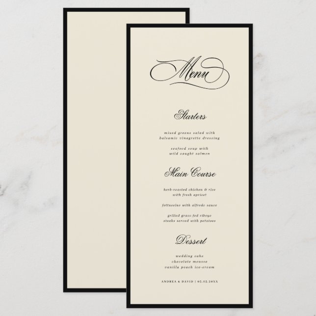 Menu Ivory & Black Old Money Aesthetic Retro Wedding (Devant / Derrière)