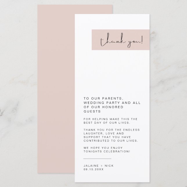Menu JALAINE Moderne Mariage rose rose pâle Merci de pl (Devant / Derrière)