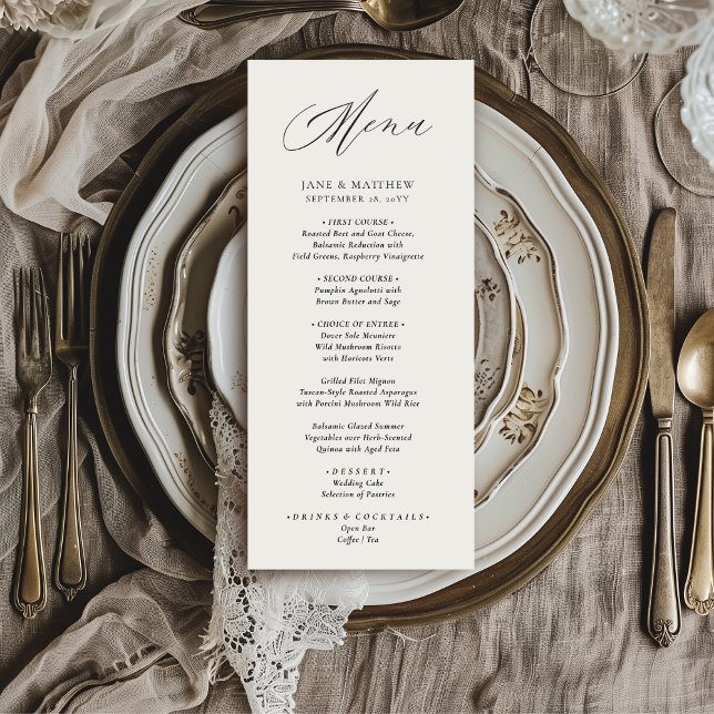 Menu Jane Simple Moderne Élégant Mariage de script noir (This elegant wedding dinner menu features a handwritten calligraphy script font)
