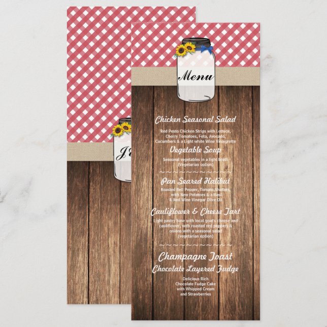 Menu Jar Réception de Mariage Rouge à Carreaux Tou (Devant / Derrière)