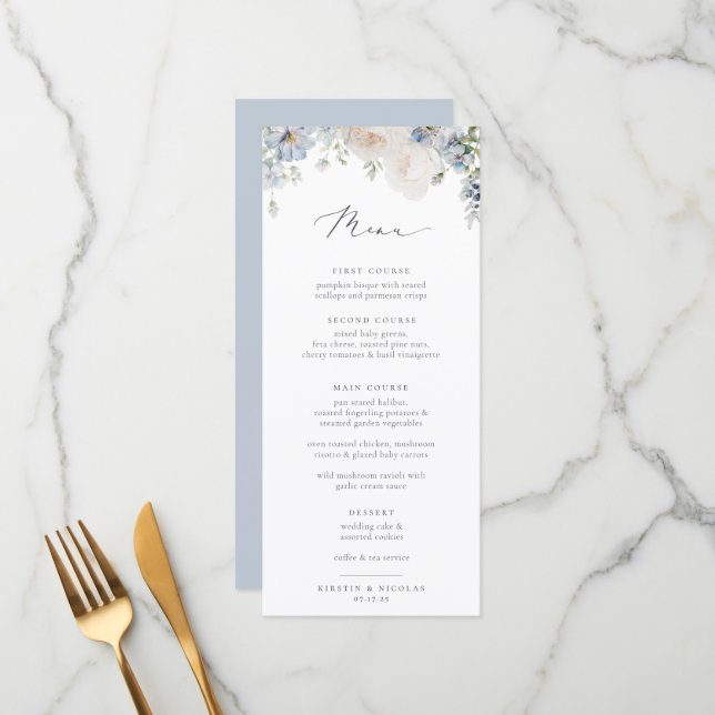 Menu Jardin bleu Dusty Mariage Floral (Devant/Arrière en situation)