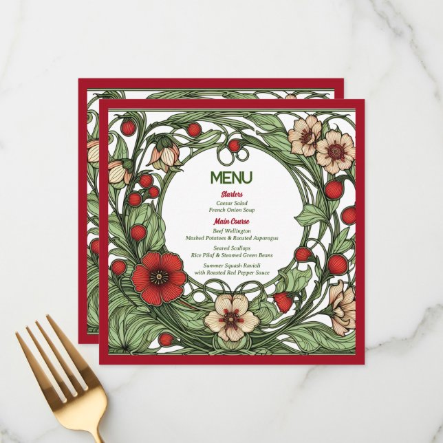 Menu Jardin vintage Art nouveau Mariage (Devant/Arrière en situation)