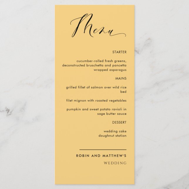 Menu Jaune élégant, Mariage de calligraphie / Réception (Devant)