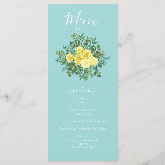 Menu Jaune et Aqua Vintage Ressort Mariage Floral (Devant)