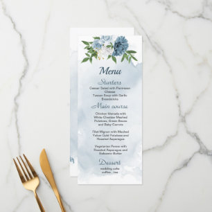 Menu joli bleu blanc fleurs verdure mariage