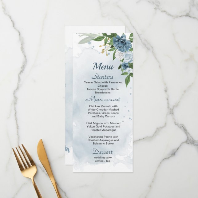 Menu joli bleu blanc fleurs verdure mariage (Devant/Arrière en situation)