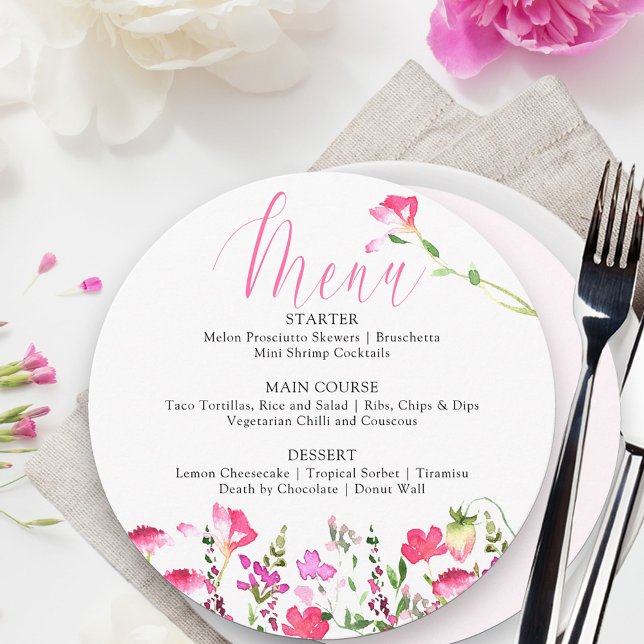 Menu joli mariage Shower Fleur sauvage rose (Fully editable menu from my pink wildflower collection)
