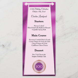 Menu Joyeux 100e Anniversaire Parties scintillant rose 