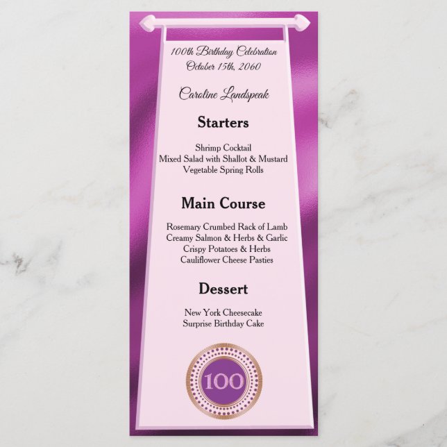 Menu Joyeux 100e Anniversaire Parties scintillant rose  (Devant)