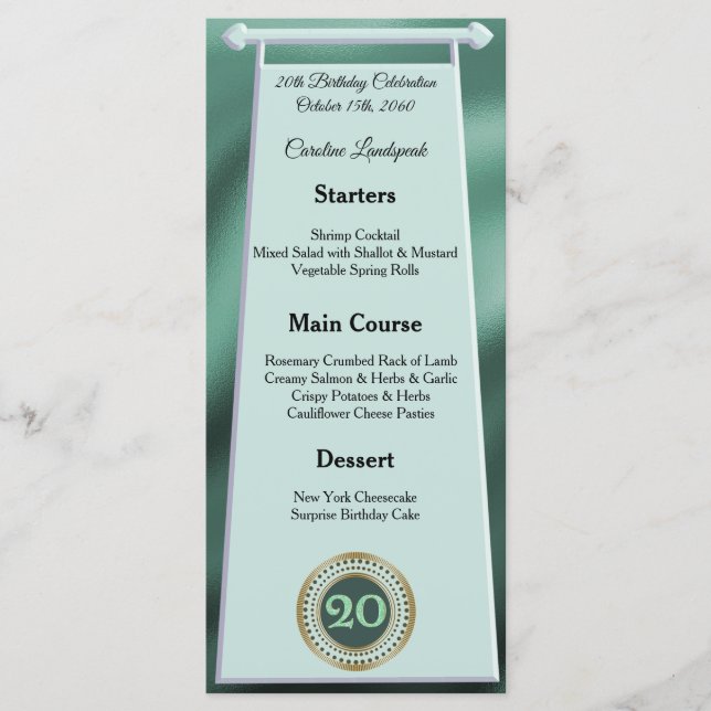 Menu Joyeux 20e anniversaire Parties scintillant verte  (Devant)