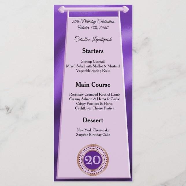 Menu Joyeux 20e anniversaire violet Parties scintillant (Devant)