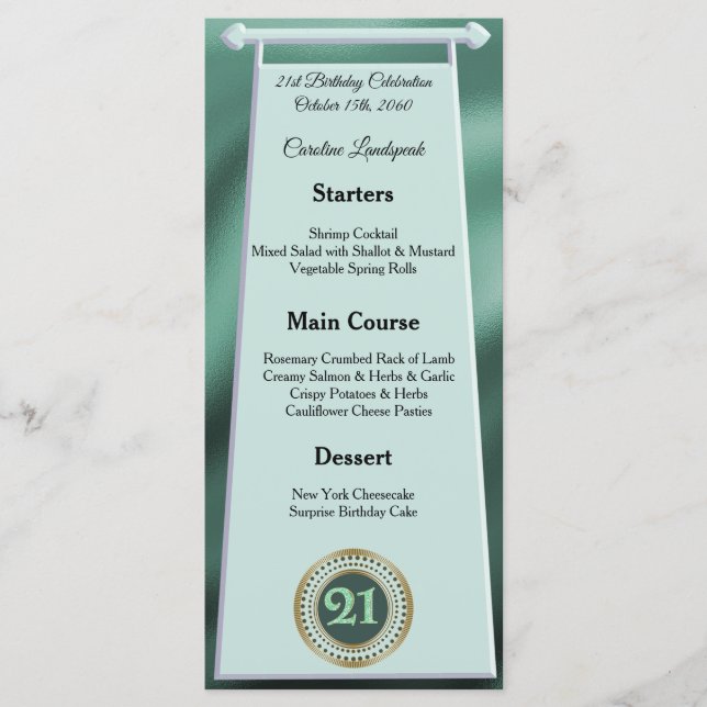 Menu Joyeux 21e anniversaire Parties scintillant verte  (Devant)