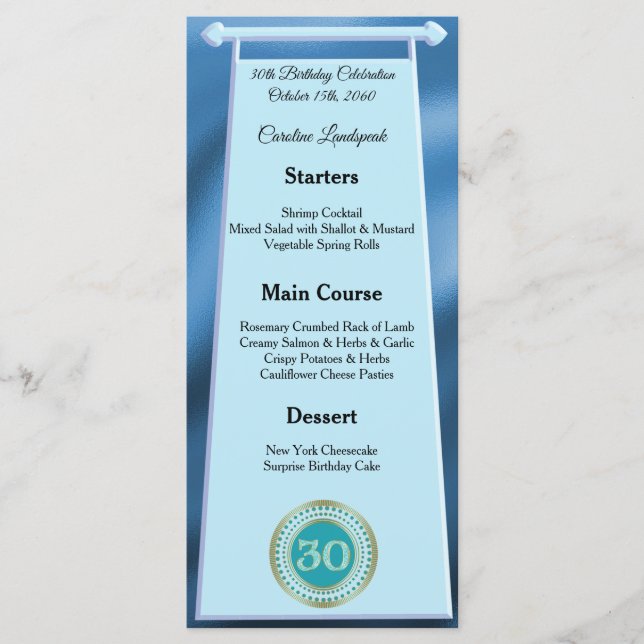 Menu Joyeux 30e anniversaire Turquoise Blue Parties sci (Devant)