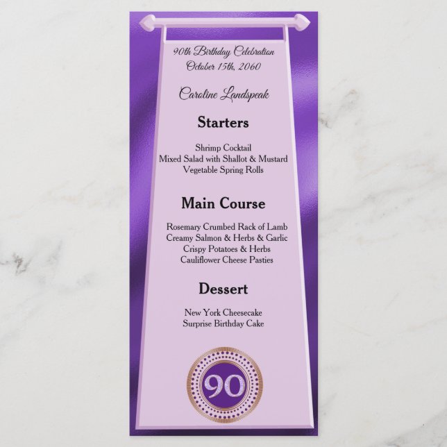 Menu Joyeux 90e anniversaire Purple Parties scintillant (Devant)