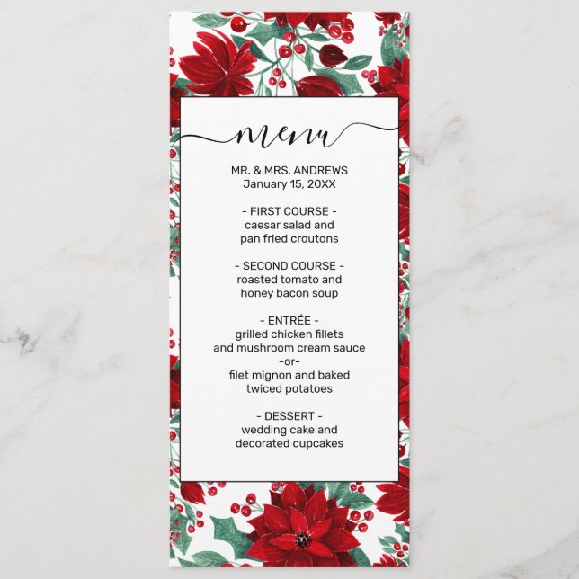 Menu Joyeux rouge Poinsettia Fleurs Feuilles ivoire Aqu (Devant)