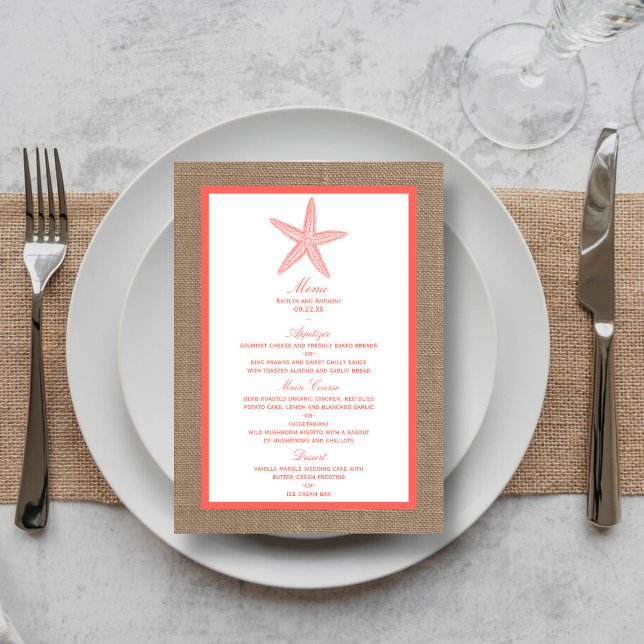 Menu La collection de mariages de Coral Starfish Burlap (Créateur téléchargé)