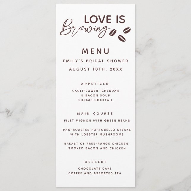 Menu L'amour brasse du café Thème Fête des mariées (Devant)