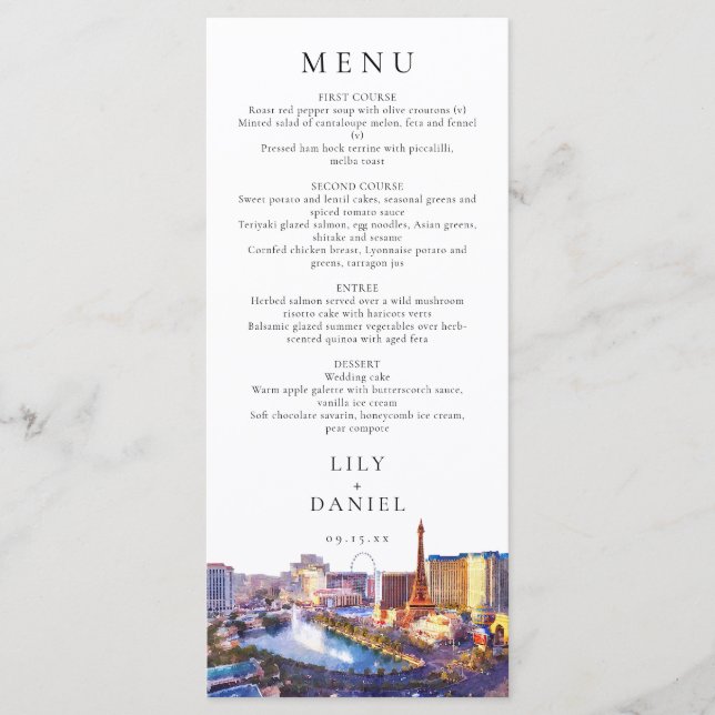 Menu Las Vegas Skyline Watercolor Destination Wedding (Devant)