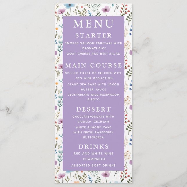 Menu Lavande Purple Aquarelle Florale Élégant Mariage (Devant)