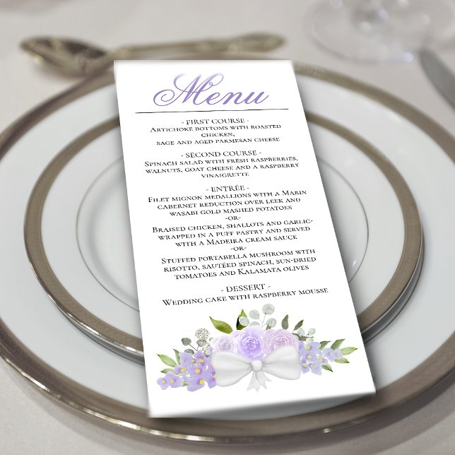 Menu Lavande Purple Aquarelle Florale Élégant Mariage (In Situ on Plate)