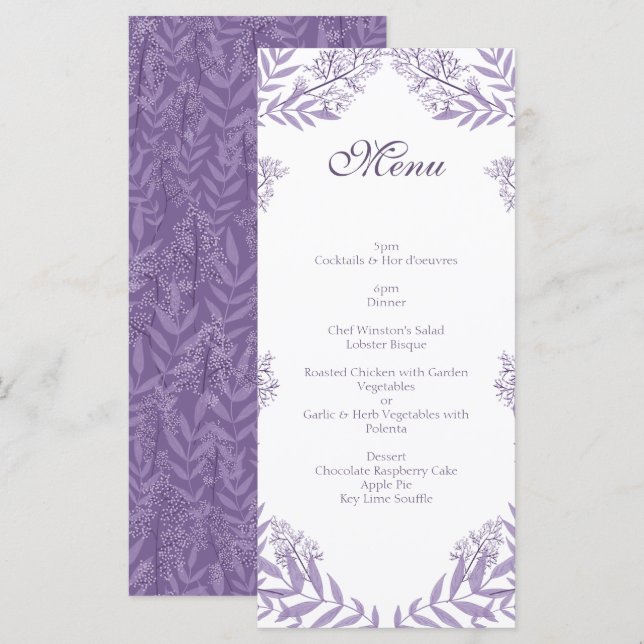 Menu Lavande violet Mariage Botanique (Devant / Derrière)