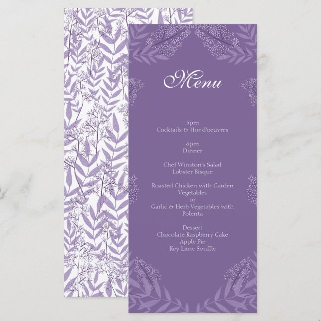 Menu Lavande violet Mariage Vintage Botanique (Devant / Derrière)