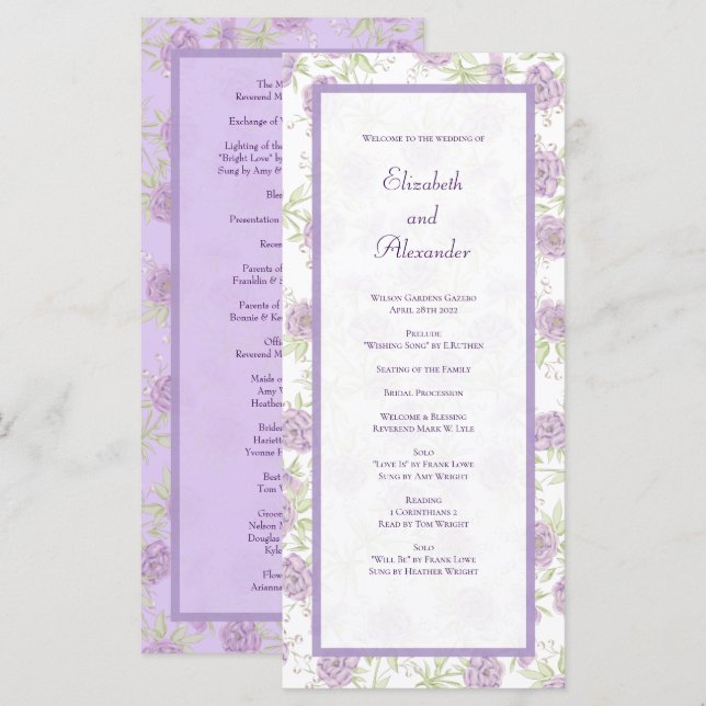 Menu Lavender Purple Rose Wedding Programs (Devant / Derrière)