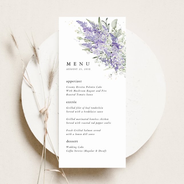 Menu Lavender & Sage Green Floral Wedding Dinner (Lavender sage green floral wedding menu card, elegant reception menu with watercolor flowers)