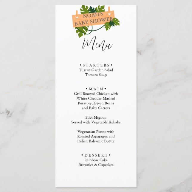 Menu Le baby shower de verdure animal de Cute Safari (Devant)