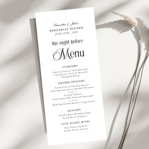Menu Le Dîner de Répétition Élégant Moderne de la Veill