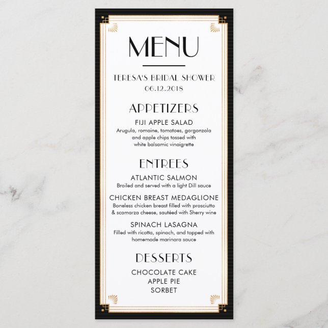 Menu les années 1920, art déco, Fête de la mariée, (Devant)