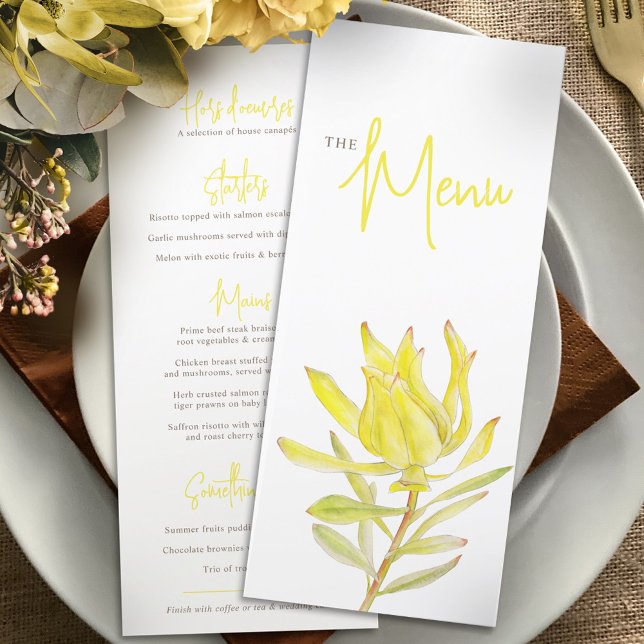 Menu Leucadendron jaune rustique à fleurs mariage (Créateur téléchargé)