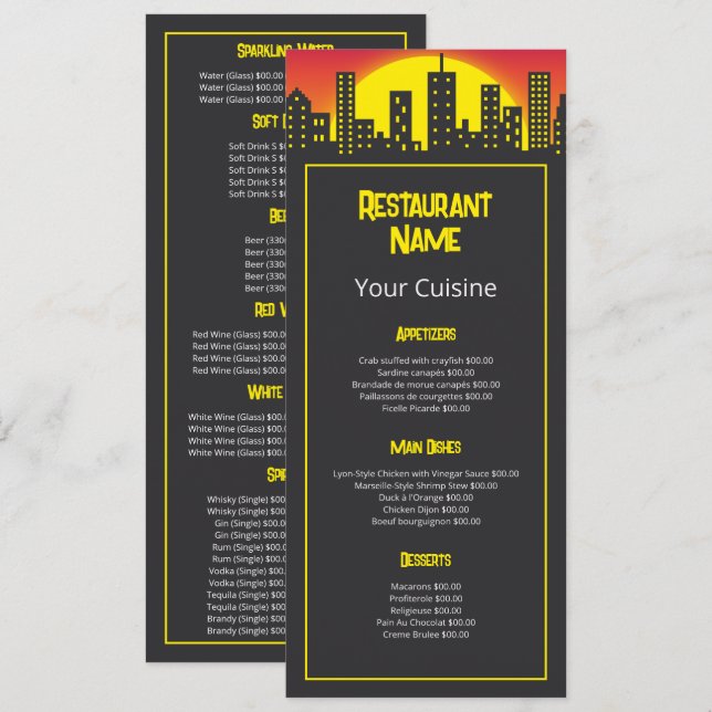 Menu Lever de soleil urbain, Restaurant Slimline (Devant / Derrière)
