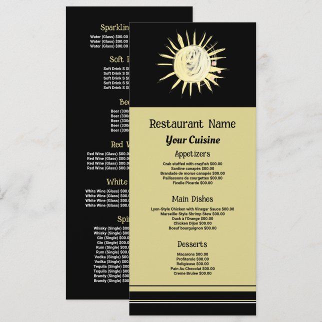Menu Lever Du Soleil Peint, Élimence Du Restaurant (Devant / Derrière)