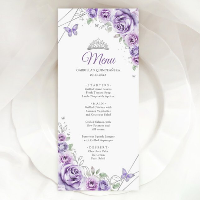 Menu Lilac Purple Silver Floral Quinceanera (Créateur téléchargé)