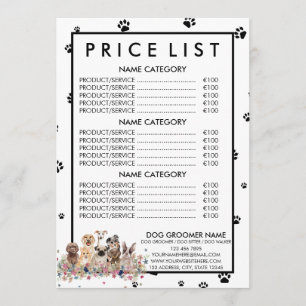 Menu Liste des prix du fabricant de chiens blancs noirs
