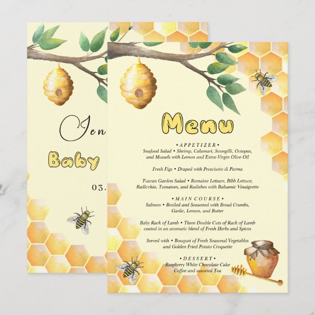 Menu Little Bee Baby shower (Devant / Derrière)