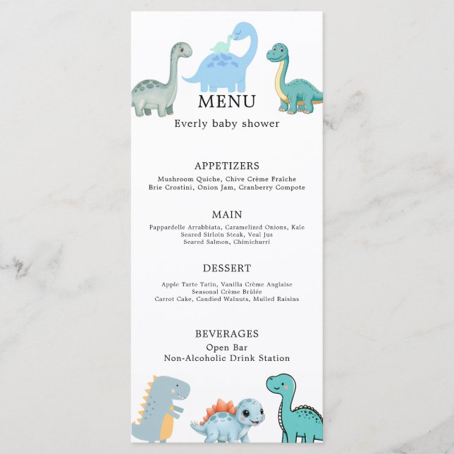 Menu Little Dinosaur Cute Baby Shower (Devant)