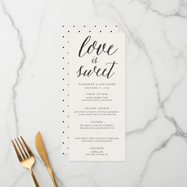 Menu Love Is Sweet Calligraphy Script Mariage classique (Devant/Arrière en situation)