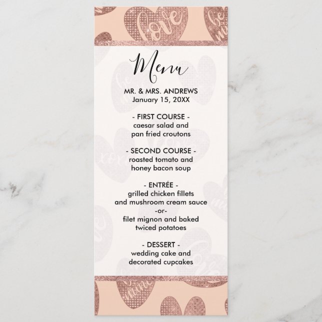 Menu Love XOXO Be Mine Rose Gold Rose Parties scintilla (Devant)
