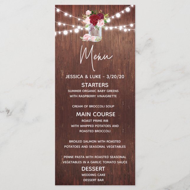 Menu Lumières de mariage en bois pour pot Mason à fleur (Devant)