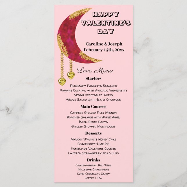 Menu Lune d’or Joyaux de coeur jaune Saint-Valentin Men (Devant)