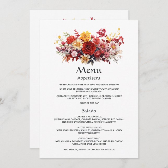 Menu Luscieux Mariage de fleurs rouges (Devant / Derrière)