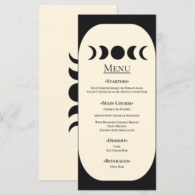 Menu Luxe Lunaire Mariage à Phase de Lune Noir & Crème  (Devant / Derrière)