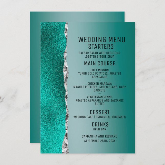 Menu Luxe Turquoise Turquoise Silver Parties scintillan (Devant / Derrière)