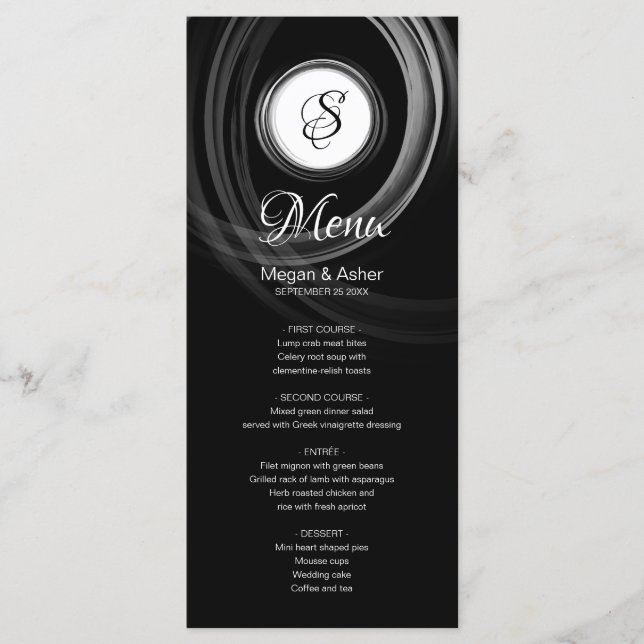 Menu Luxueux noir et blanc avec anneau argenté initial (Devant)
