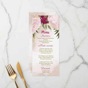 Menu magenta fleurs roses vert feuille mariage