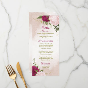 Menu magenta fleurs roses vert feuille mariage